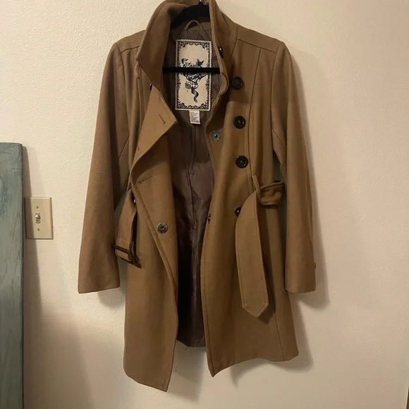 Wool Blend Tan Double-Breasted Coat - Picture 14 of 16